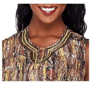 Susan Graver Womens 3X Printed Woven Sleeveless Tunic Beaded Neckline Brown NWT